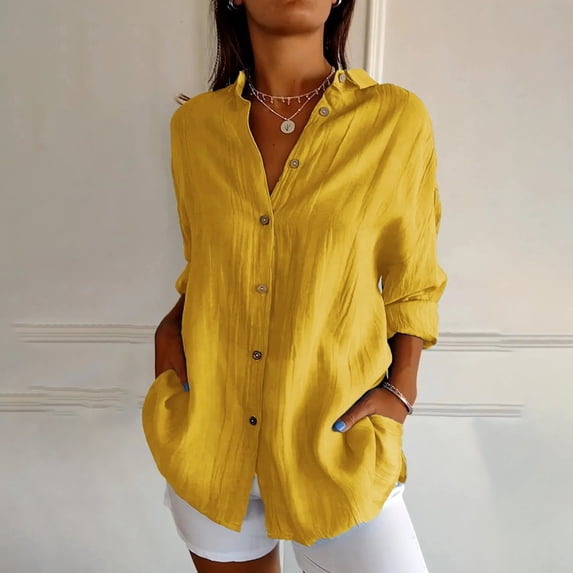 NTACZA Dressy Dress Shirts for Women Long Sleeve Button Down Collared Solid Office Casual Early Fall Fashion Business Work Ladies Tops Yellow