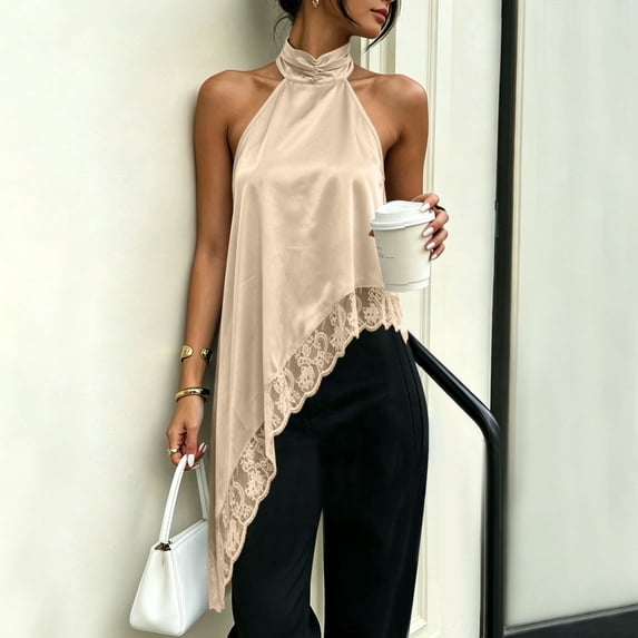 NTACZA Dressy Tops for Women Trendy Cami Asymmetrical Lace Hem Halter Neck Solid Sleeveless Wedding Keyhole Back Relaxed Size XXL