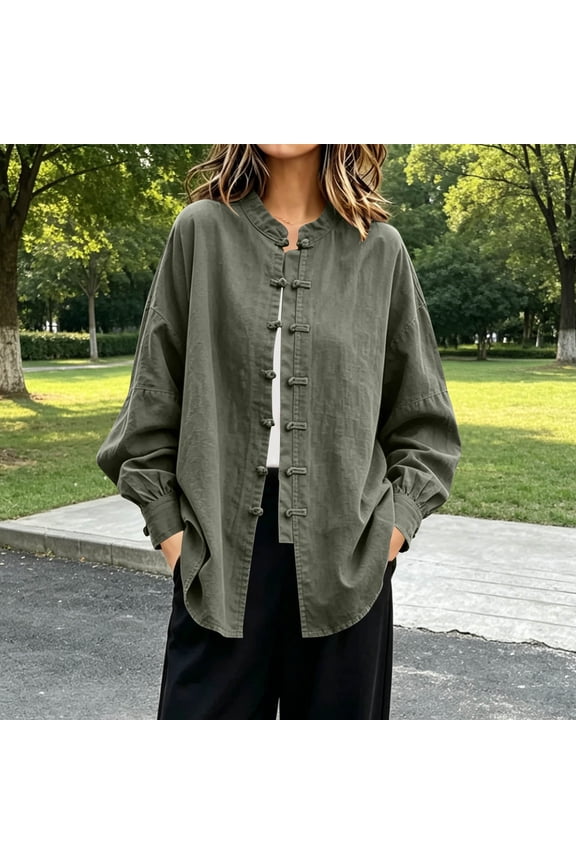 Elastic Cuffs Cute Summer Tops for Women Solid Frog Buttons Blouson Mandarin Collar Long Sleeve Vacation Relaxed Fit Blouses M