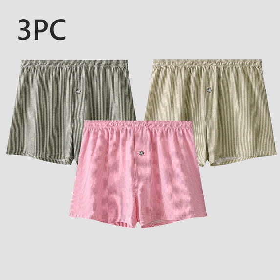 NTACZA Elastic Waist Mens Underwear Cotton Striped Boxer Shorts 3 Pack Button Comfy Boxers Briefs for Men L