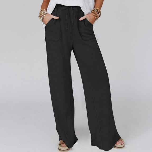NTACZA Elastic Waist Women Pants Black Cotton Linen Wide Leg Sweatpants Comfy Drawstring Loose Pants Womens Trousers L