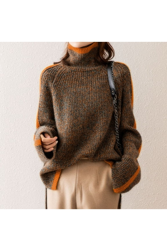 Elegant Womens Sweater Mock Neck Thick Orange Sweaters Holiday Thermal Loose Fit Knit Tops Womens Winter Jumpers L