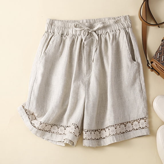NTACZA Embroidered Cotton Linen Shorts Women's Drawstring Shorts Elastic Waist Boho Women's Shorts L