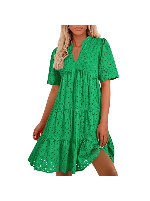 Eyelet Embroidery Summer Dresses for Women Shift Loose Solid Set-In Short Sleeve V-Neck Casual Dresses for Women