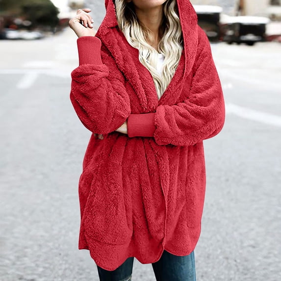 NTACZA Fall Cardigan for Women Long Sleeve Hooded Sweaters Open Front with Pockets Solid Winter Outerwear Red XXL