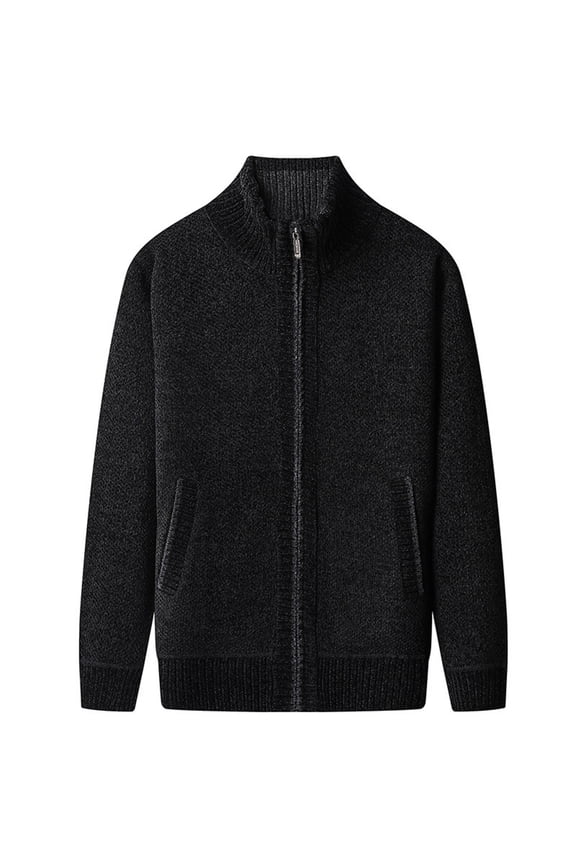 Fall Sweaters Men Fleece Lined Black Zip Up Mock Neck Sweater Cardigan Stand Collar Knit Jacket Men's Jumper L