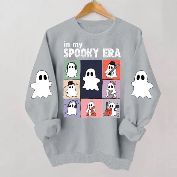 NTACZA Fall Sweatshirts for Women Crew Neck Halloween Spooky Season Sweatshirt Cute Ghost Grapic Long Sleeve Pullover Tops Cozy Daily Outfits Gray L