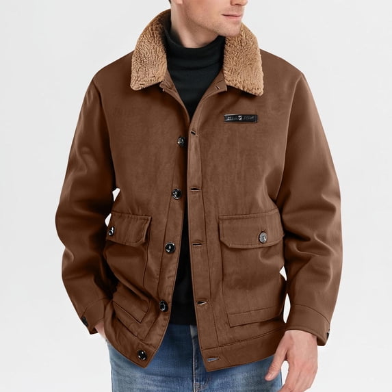 NTACZA Faux Suede Men Jacket Work Sherpa Lined Brown Trucker Jacket Fleece Button Down Thick Coat Mens Winter Coats L