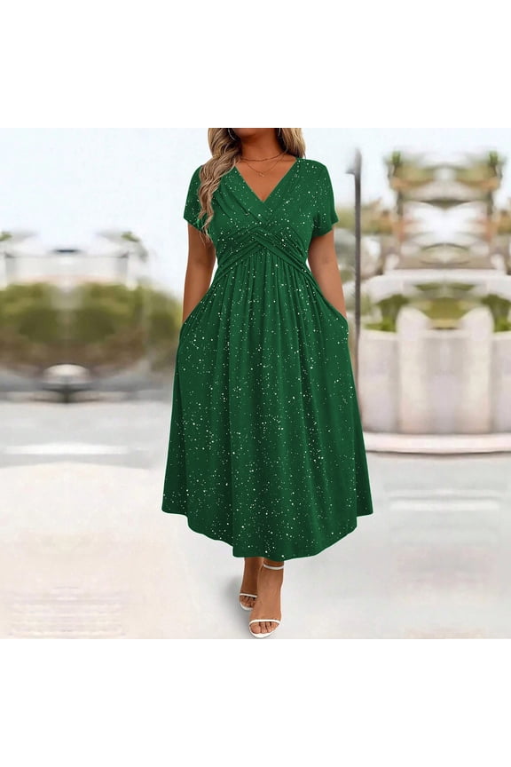 Faux-Wrap Short Sleeve Summer Dress Long Casual V-Neck With Pockets for Party Empire Waist Green