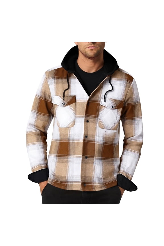 Fleece Lined Jackets Men Winter Hooded Thick Gold Shirt Jackets Button Down Plaid Warm Outerwear Fall Men Coats M
