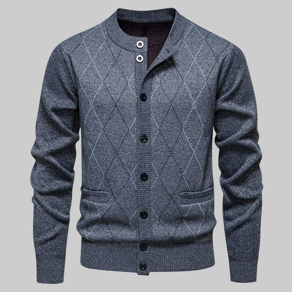 NTACZA Fleece Lined Mens Fall Sweaters Gray Button Down Argyle Sweater Cardigan Knit Pocket Outerwear Jumper Mens L