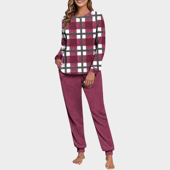 NTACZA Fleece Pjs Set for Woman Thick Long Sleeve Nighwear Sets Pullover Jogger Cozy Plaid Womens Pajamas Lounge Sets S