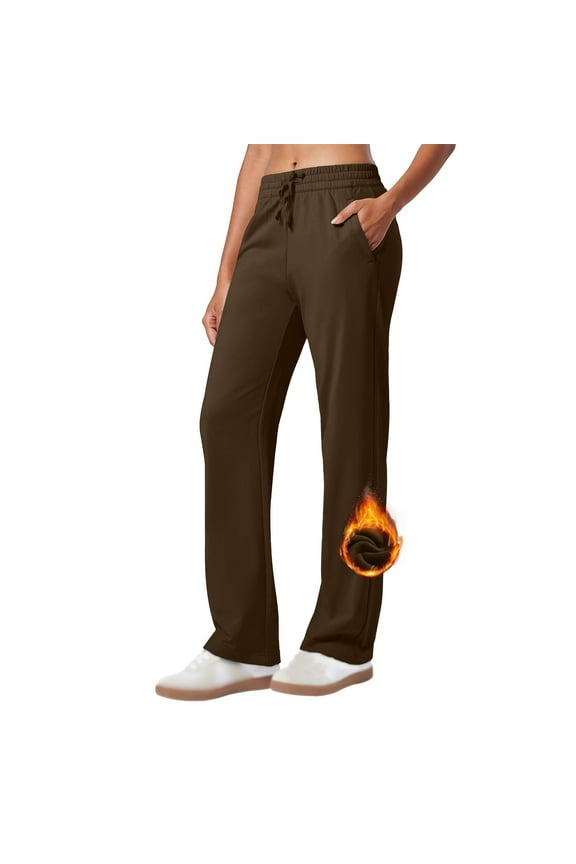 Fleece Womens Pants High Waist Brown Workout Sweatpants Drawstring Athletic Activewear Women's Trousers L