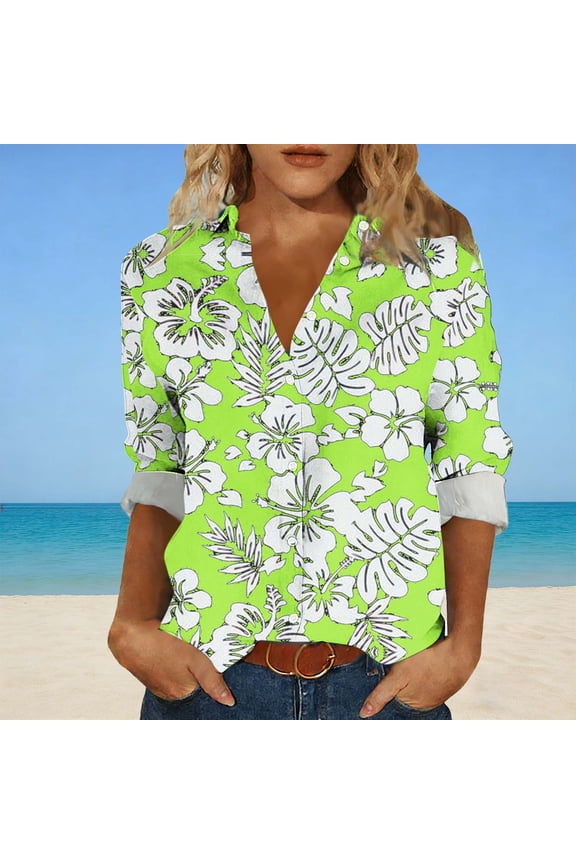 Floral Ladies Summer Tops Trendy Shirts Button Down Casual Collared Long Sleeve Blouson Blouse Relaxed Fit Beach Army Green
