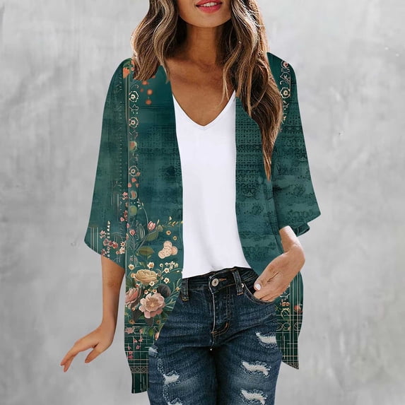 NTACZA Floral Summer Cardigans for Women Lightweight 3/4 Sleeve Flowy Open Front Boho Kimono Coverups Beachwear Relaxed Green