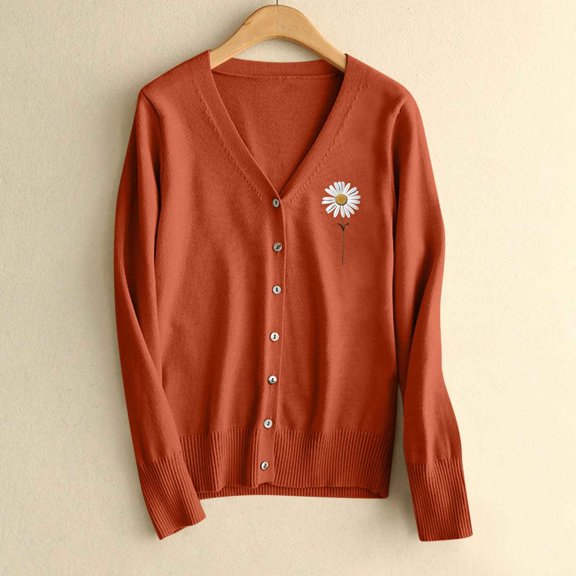 NTACZA Floral Sweaters for Women Orange V Neck Button Down Cardigan Sweater Knitted Loose Jacket Womens Jumpers XL