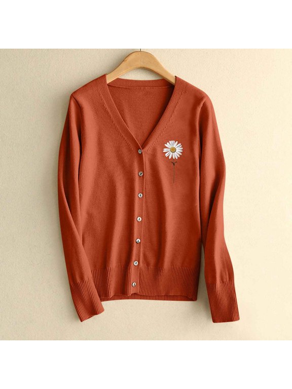 Floral Sweaters for Women Orange V Neck Button Down Cardigan Sweater Knitted Loose Jacket Womens Jumpers XL
