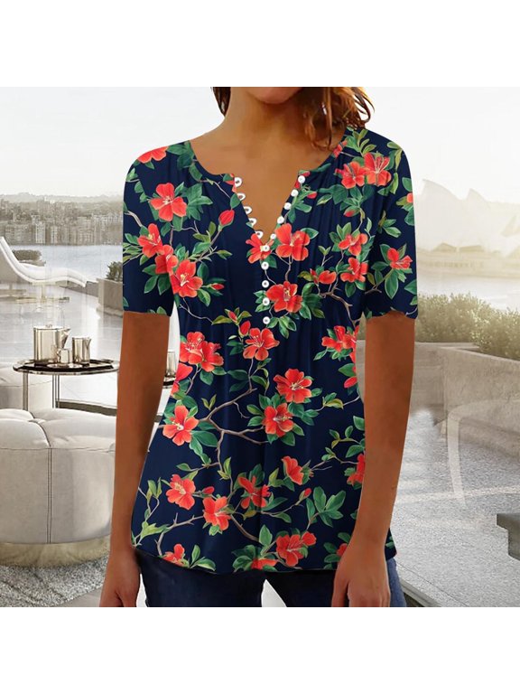 Floral Women's Tops V Neck Short Sleeve Tunic Pullover Smocked Button Women's Shirts L