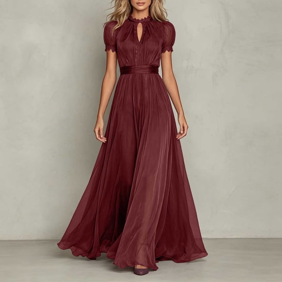 NTACZA Flowy Dresses for Women Dressy Maxi Lace Wedding Guest Dresses Lace Keyhole Neck Mesh Ruched Waist Red M