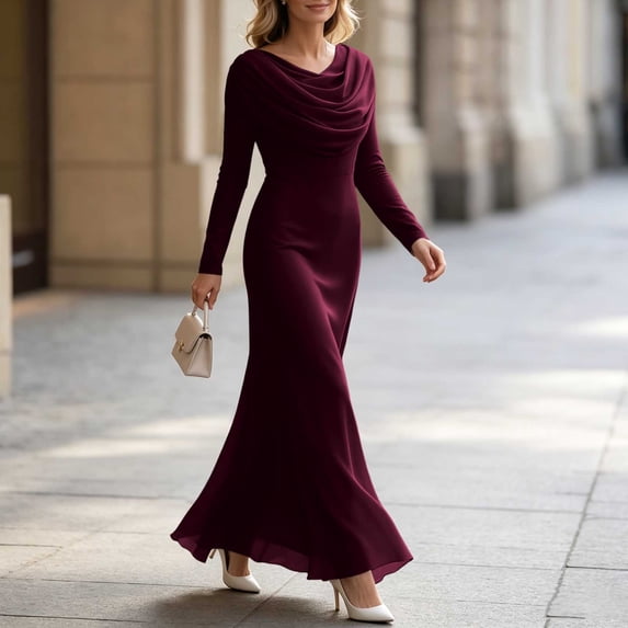 NTACZA Flowy Fall Dresses for Women Wedding Guest Dresses Fall Flattering Elegant Maxi Cowl Neck Long Sleeve Dressy Slim Fit Cocktail Party Wine
