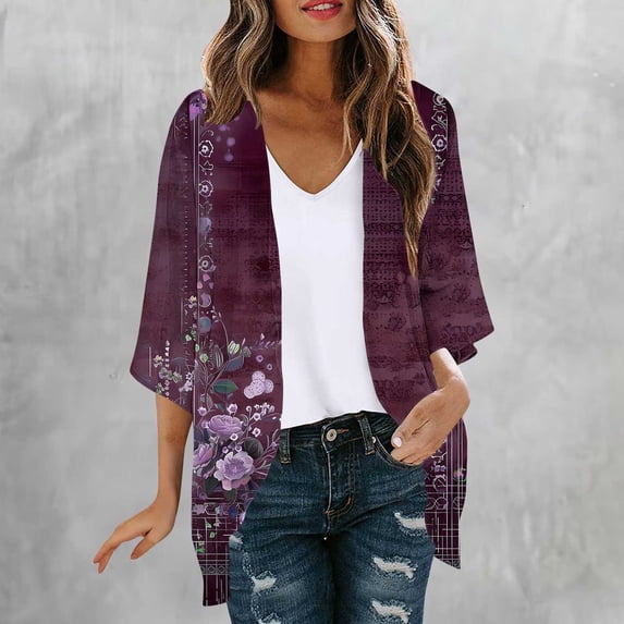 NTACZA Flowy Women's Cardigans Boho 3/4 Sleeve Open Front Floral Kimono Relaxed Coverups Beachwear Red