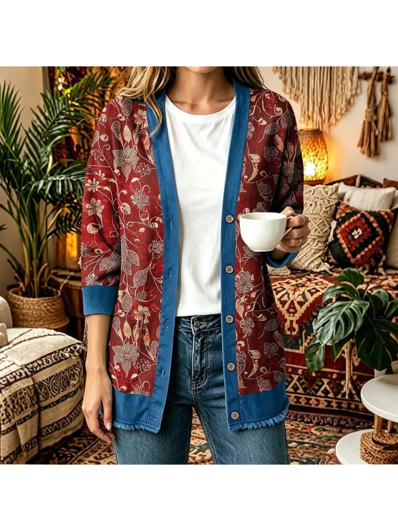Fringe Women's Cardigans Vintage Cardigans Floral Patchwork Casual with Pockets Loose Button-Down Coats V-Neck Office Wear Wine