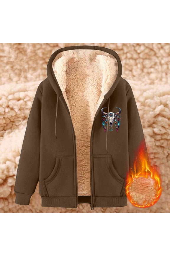 Full Zip Mens Shirt Graphic Brown Fleece Lined Jacket Sherpa Lined Hooded Thick Men Sweatshirt XL