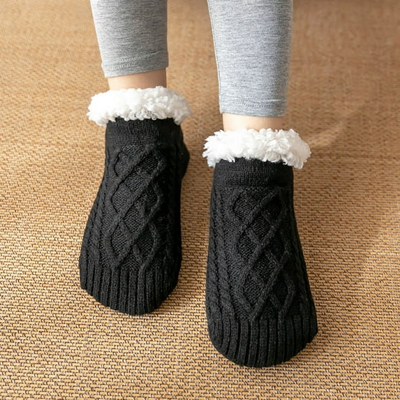 NTACZA Furry Socks for Women Ankle Black Thick Fuzzy Slipper Color Block Non Slip Winter Socks Womens Stockings L