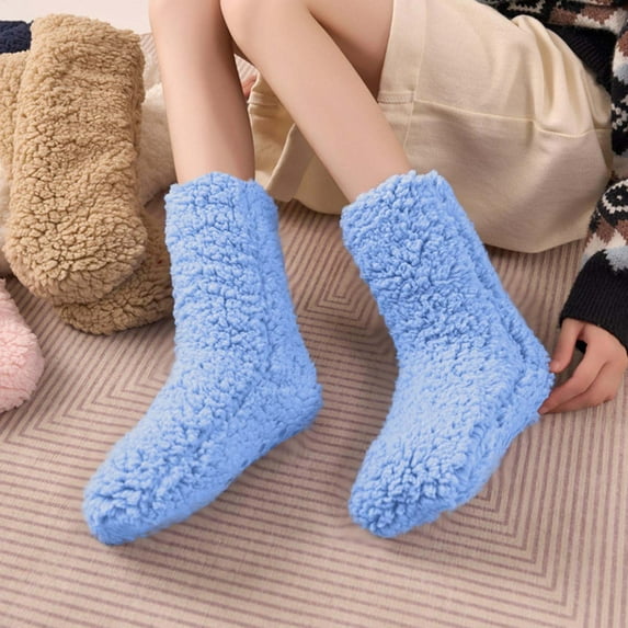 NTACZA Fuzzy Winter Socks for Women Blue Non Slip Thick Slipper Socks Plush Sherpa Crew Socks for Women