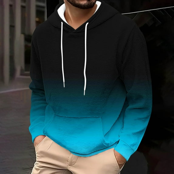 NTACZA Gradient Winter Shirts for Men Blue Fleece Athletic Sweatshirts Plush Fuzzy Hooded Men's Sweatshirts L