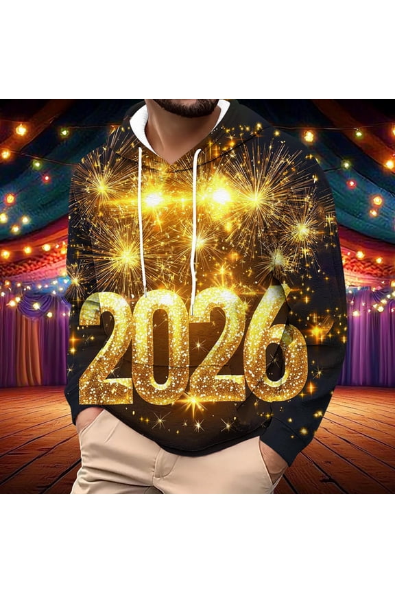 Graphic Men's Shirts New Years Fleece Lined Gold Sweatshirts Hooded Pullover Holiday Mens Fall Sweatshirts S
