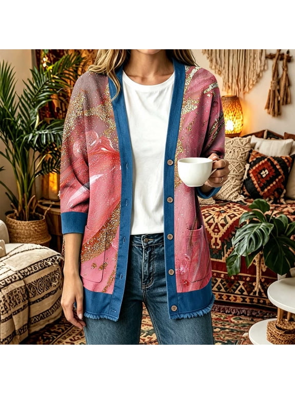 Graphic Prints Womens Cardigan Vintage Cardigans Fringe Patchwork Casual Loose Button-Down V-Neck Coats with Pockets Office Wear Hot Pink