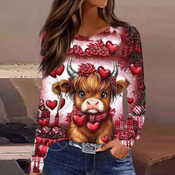NTACZA Graphic Trendy Tops for Women Valentine's Day Red Crew Neck T Shirt Pullover Long Sleeve Funny Womens Blouses S