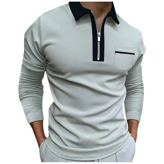 NTACZA Gray Casual Shirts for Men Slim Fit Quarter Zip Long Sleeve Polos Pocket Mens Fitness Color Block Shirts S
