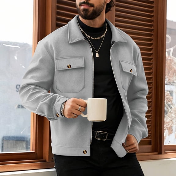 NTACZA Gray Men Winter Jacket Lapel Wool Work Trucker Jacket Long Sleeve Full Zip Cargo Coats Coats for Man S