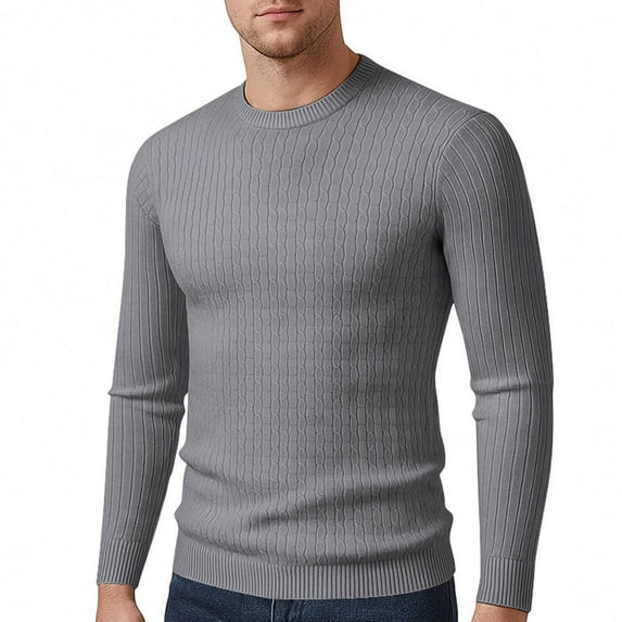 NTACZA Gray Mens Fall Sweaters Thick Pullover Cable Knit Sweaters Knitted Crew Neck Solid Basic Shirt Jumpers for Men L