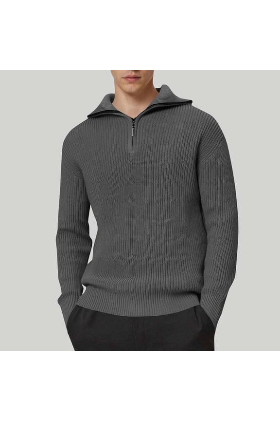 Gray Sweaters Mens Mock Neck Quarter Zip Ribbed Sweater Solid Heavyweight Stretch Knitwear Men's Jumpers 2XL