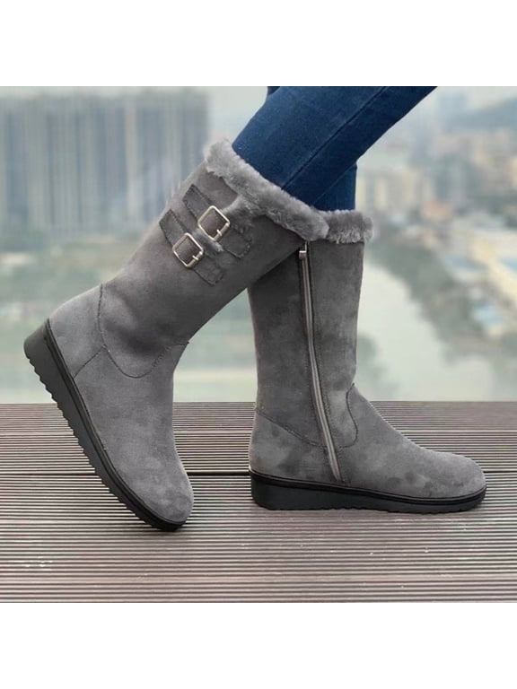 Gray Women Boots Footwear Winter Mid-Calf Furry Low Heel Fleece Lined Side Zip Boots Shoes Women 37