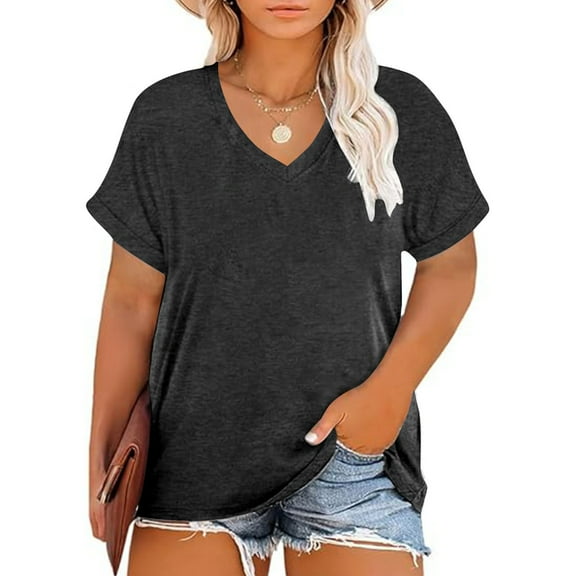 NTACZA Gray Womens Tops for Work Short Sleeve Cotton V Neck Plus Size Solid T-Shirts Women Shirts 3x