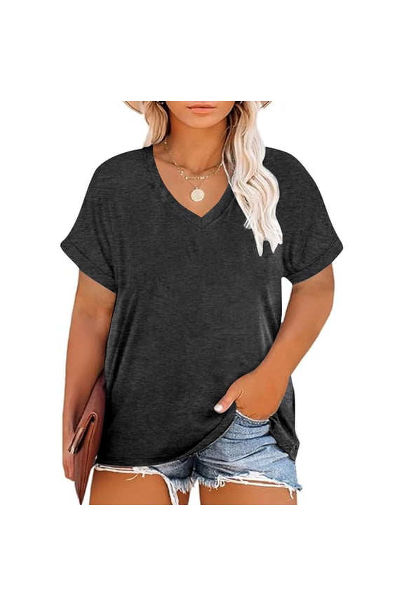Gray Womens Tops for Work Short Sleeve Cotton V Neck Plus Size Solid T-Shirts Women Shirts 3x