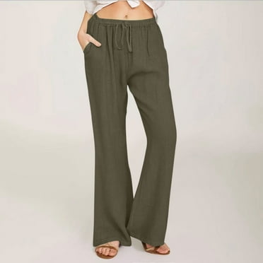 NTACZA Green Loose Pants for Women Cozy Flare-Leg Cotton Linen Elastic High Waist Pants Scrub Pants for Women Plus Size