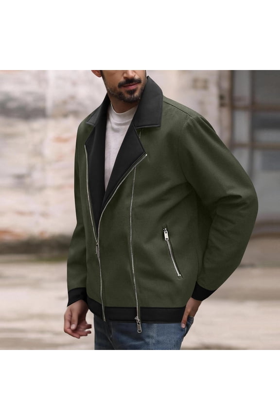 Green Mens Jackets Winter Color Block Vintage Motorcycle Trucker Jacket Lapel Full Zip Coat Men's Winter Coats L