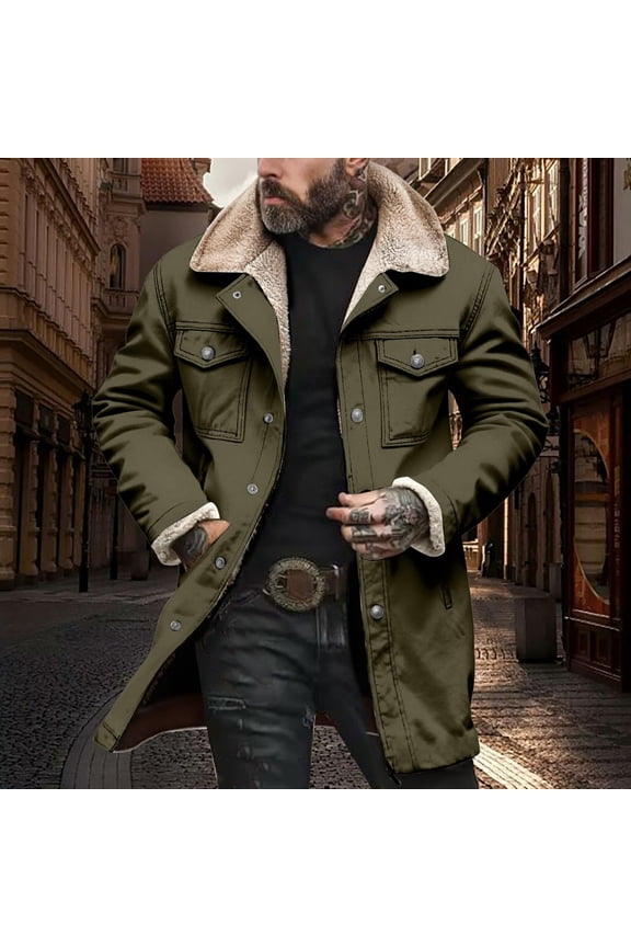Green Mens Jackets Work Sherpa Lined Faux Suede Trucker Jacket Mid Length Button Down Fleece Coat Mens Coats XXL