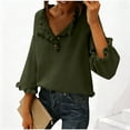 thumbnail image 1 of NTACZA Green Woman Sweater 3/4 Sleeve V Neck Lapel Sweater Blouse Ruffle Pullover Knit Tops Ladies Winter Jumpers L, 1 of 6