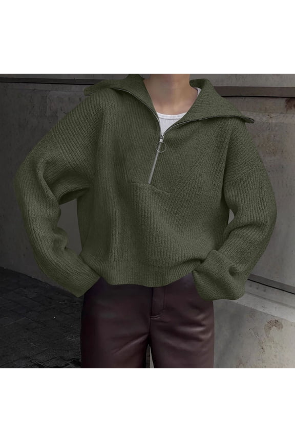 Green Womens Sweaters Quarter Zip Zip Mock Neck Sweaters Batwing Holiday Collared Knitted Jumpers for Women L