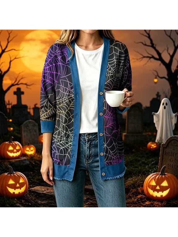 Halloween Womens Cardigans Cardigans Denim Patchwork Fringe Ombre Spiderweb Print Casual Loose V-Neck Coats with Pockets Button-Down Purple