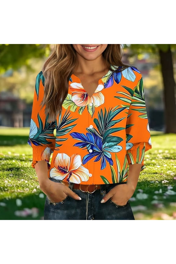 Hawaiian Prints Tops for Women Trendy 3/4 Sleeve Blouson Casual V‑Neck Graphic Tees Relaxed Fit Button Front Work Fashion Blouses for Women