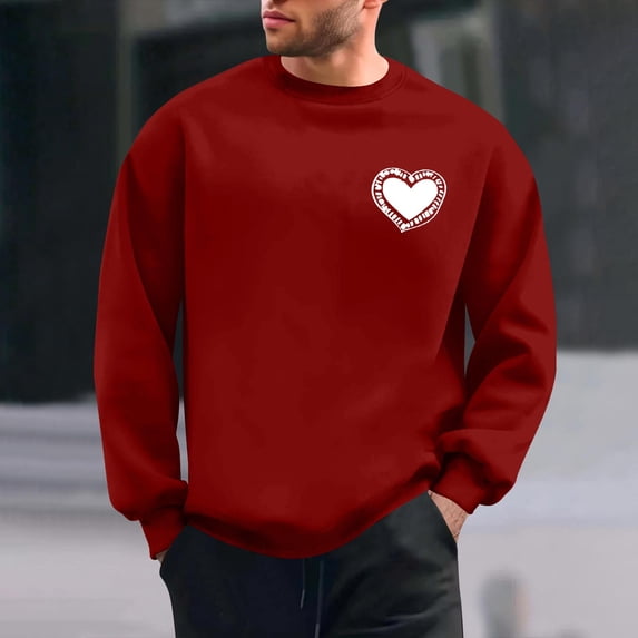 NTACZA Heart Print Men's Shirts Casual Red Long Sleeve Valentines Sweatshirts Loose Fit Graphic Crew Neck Men's T-Shirts XL