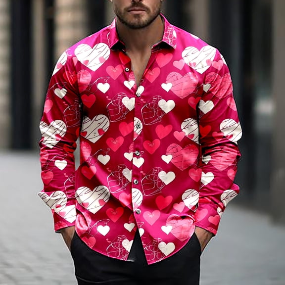NTACZA Heart Shirts Mens Valentine's Day Collared Red Button Down Shirt Long Sleeve Holiday Heart Print T Shirts for Man XL