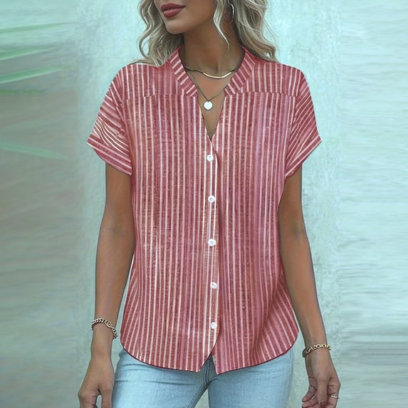 NTACZA Henley Tops for Women Trendy Short Sleeve Striped Regular Button Women Classic T-Shirt Shirts